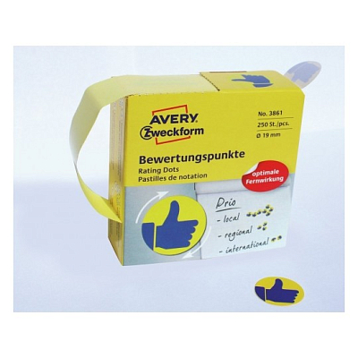 Самоклеящиеся этикетки-точки "Avery", диаметр 19мм, "отлично", жёлто-синий, 250 штук в диспенсере
