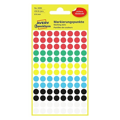 Самоклеящиеся этикетки-точки "Avery", диаметр 8мм, разноцветные, 416 штук в упаковке