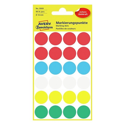 Самоклеящиеся этикетки-точки "Avery", диаметр 18мм, разноцветные, 96 штук в упаковке