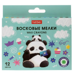 Мелки восковые "Hatber", 12 цветов, 11мм, круглый корпус, серия "Jumbo - Плюшевые панды", 12шт в картонной упаковке