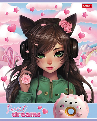 Тетрадь "Hatber", 40л, А5, клетка, на скобе, серия "Девочка-кошка"