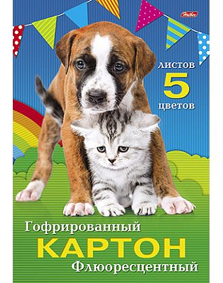 Набор цветного картона "Hatber", 5л, 5цв, А4, 195x280мм, гофрированный, флюоресцентный, в папке, серия "Котик и щенок"