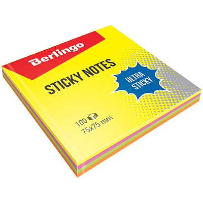 Бумага для заметок "Berlingo Ultra Sticky", 75x75мм, 100л, 4 неоновых цвета, клеевой край, в плёнке