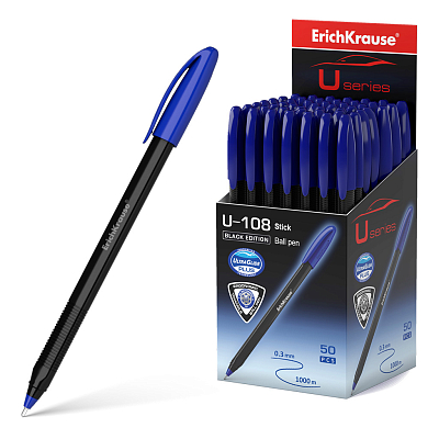 Ручка шариковая "Erich Krause U-108 Black Edition Stick", 1мм, синяя, чернила на масляной основе, чёрный корпус