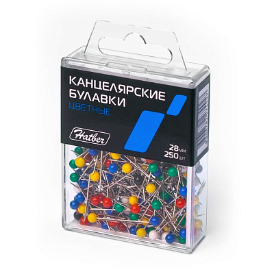 Булавки канцелярские "Hatber", 28мм, цветные головки, 250шт в упаковке