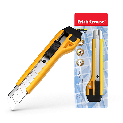 Нож канцелярский "Erich Krause Universal", 18мм, толщина 0,5мм, нержавеющее лезвие, автоматическая фиксация, жёлтый корпус, в блистере