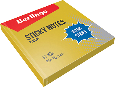 Бумага для заметок "Berlingo Ultra Sticky", 75x75мм, 80л, золотая, неоновая, клеевой край, в плёнке