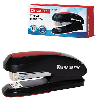 Степлер "Brauberg Extra", №24/6, 26/6, 30л, пластиковый корпус, металлический механизм, чёрно-красный, в картонной упаковке
