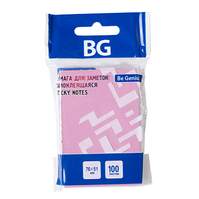 Бумага для заметок "BG", 76x51мм, 100л, розовая, клеевой край, в пакете