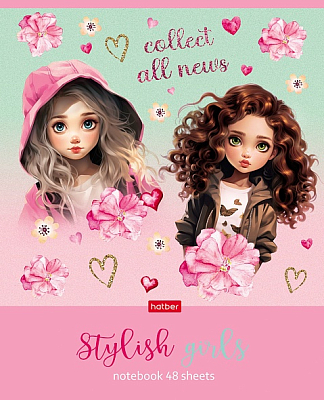 Тетрадь "Hatber", 48л, А5, клетка, металлизированный картон, на скобе, серия "Stylish Girls"