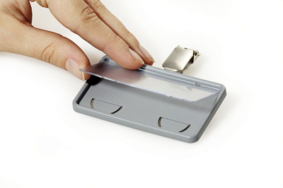 Бейдж пластиковый горизонтальный "Durable Clip Card", 40x75мм, поворотный клип, серый
