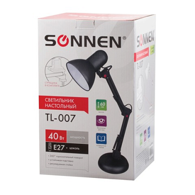 Светильник настольный "Sonnen TL-007", 40Вт, E27, высота 60см, на подставке, струбцина, чёрный