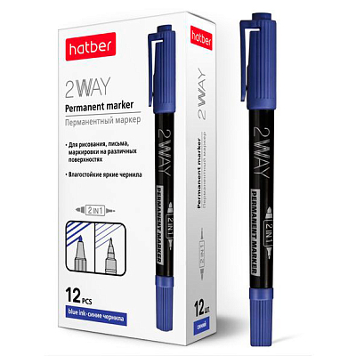 Маркер перманентный "Hatber 2Way", 0,5/1мм, круглый наконечник, двухсторонний, спиртовая основа, синий