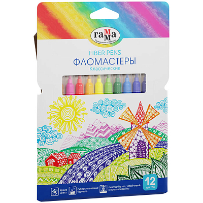 Фломастеры "Гамма", 12 цветов, серия "Классические", смываемые, картонная упаковка