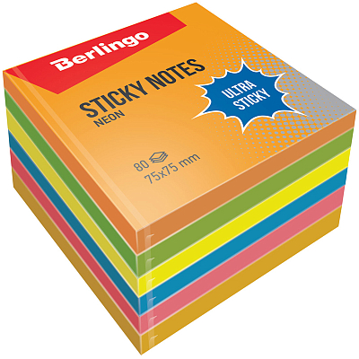 Бумага для заметок "Berlingo Ultra Sticky", 75x75мм, 480л, 6 неоновых цветов, клеевой край, в плёнке
