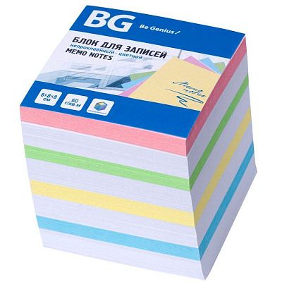 Блок бумаги для заметок "BG", 8х8х8см, цветной, непроклеенный, в плёнке