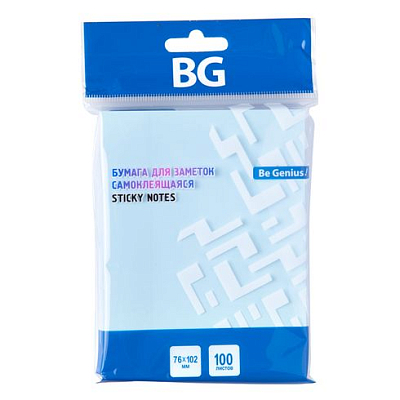 Бумага для заметок "BG", 76x102мм, 100л, голубая, клеевой край, в пакете