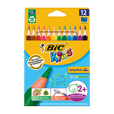 Карандаши "BIC Kids", 12 цветов, серия "Evolution ECOlutions Triangle", пластиковые, в картонной упа