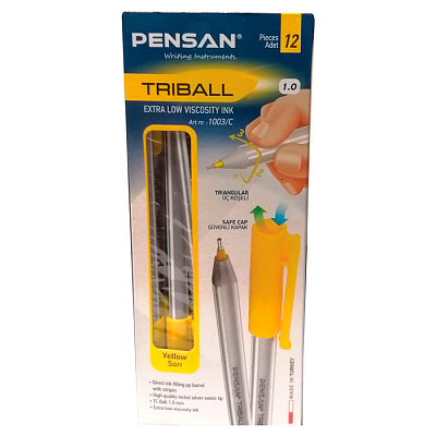 Ручка шариковая "Pensan Triball", 1мм, жёлтая, чернила на масляной основе, серебристый трёхгранный корпус