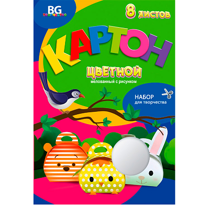 Набор цветного картона "BG", 8л, А4, мелованный, рисунок, в папке, серия "Забавные поделки"