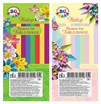 Бумага для квиллинга "BG", 5 цветов, 50 полосок, 0,6х45см, яркие и пастельные цвета, в пакете