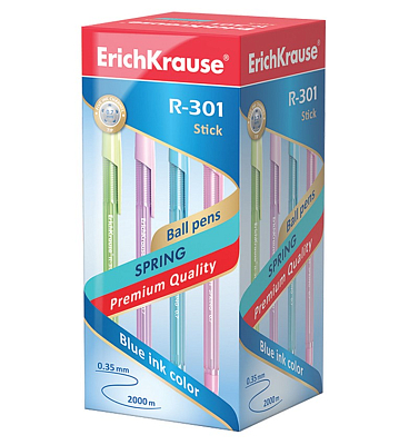 Ручка шариковая "Erich Krause R-301 Spring Stick", 0,7мм, синяя, цветной тонированный корпус ассорти