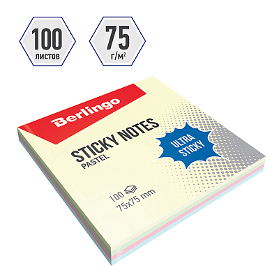 Бумага для заметок "Berlingo Ultra Sticky", 75x75мм, 100л, 4 пастельных цвета, клеевой край, в пакете