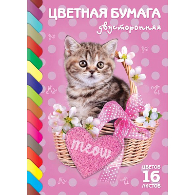 Набор цветной бумаги "Hatber Eco", 16л, 16цв, А4, 195x280мм, двусторонняя, на скобе, серия "Котик"