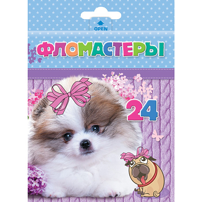 Фломастеры "Hatber VK", 24 цвета, серия "Милые собачки", в картонной упаковке