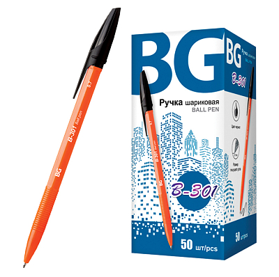 Ручка шариковая "BG B-301", 0,7мм, чёрная, оранжевый корпус