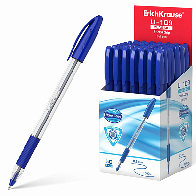 Ручка шариковая "Erich Krause U-109 Classic Stick Grip", 1мм, синяя, чернила на масляной основе, резиновый грип, прозрачный корпус