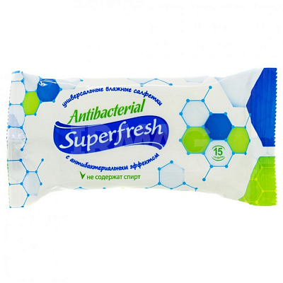 Салфетки влажные "SuperFresh", антибактериальные, упакованы по 15шт