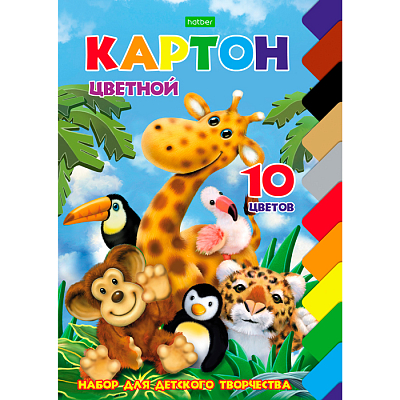 Набор цветного картона "Hatber Eco", 10л, 10цв, А5, на клею, серия "Яркий зоопарк"