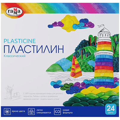 Пластилин "Гамма", 24 цвета, 480гр, стек, серия "Классический", картонная упаковка