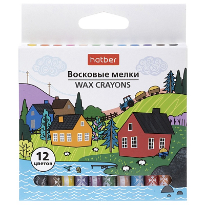 Мелки восковые "Hatber", 12 цветов, 9мм, круглый корпус, серия "Art Time", 12шт в картонной упаковке
