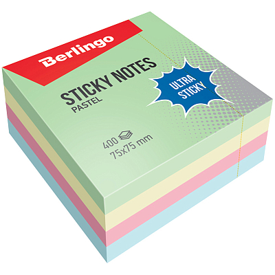 Бумага для заметок "Berlingo Ultra Sticky", 75x75мм, 400л, 4 цвета, клеевой край, в пакете