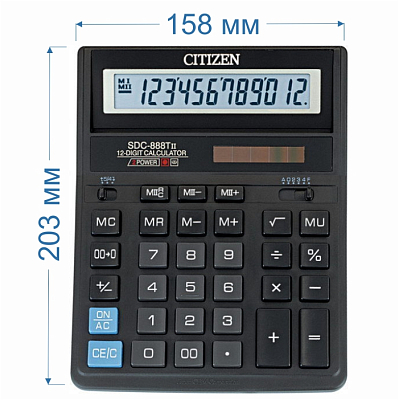 Калькулятор настольный "Citizen", SDC-888TII, 12-разрядный, 203x158x31мм, чёрный