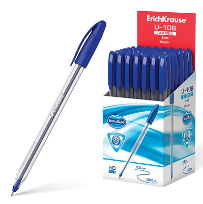 Ручка шариковая "Erich Krause U-108 Classic Stick", 1мм, синяя, чернила на масляной основе, прозрачный корпус