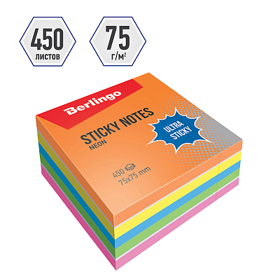 Бумага для заметок "Berlingo Ultra Sticky", 75x75мм, 450л, 5 неоновых цветов/белый, клеевой край, в плёнке