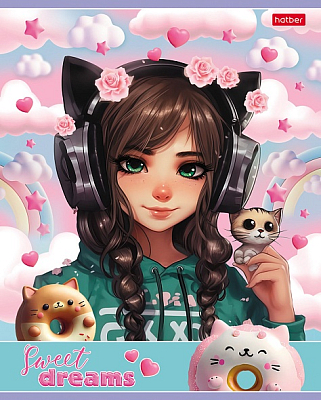 Тетрадь "Hatber", 40л, А5, клетка, на скобе, серия "Девочка-кошка"