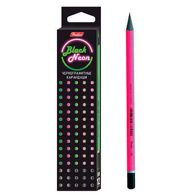 Карандаш чернографитный "Hatber Black Neon HB", 2мм, заточенный, круглый корпус
