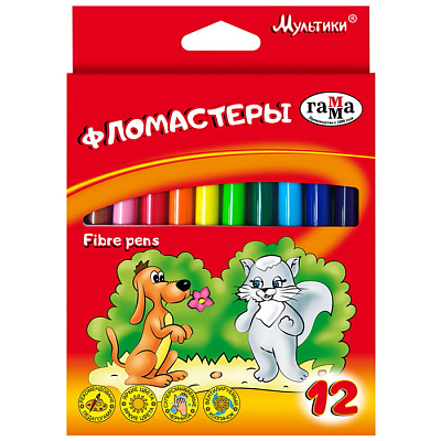 Фломастеры "Гамма", 12 цветов, серия "Мультики", смываемые, картонная упаковка