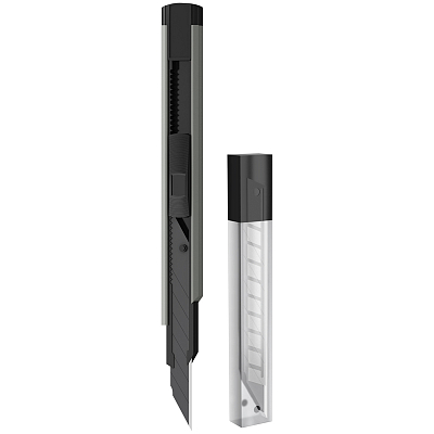 Нож канцелярский "Berlingo Power TX", 9мм, нержавеющее чёрное лезвие, металлический корпус, серый металлик, 5 сменных лезвий, в пластиковом боксе