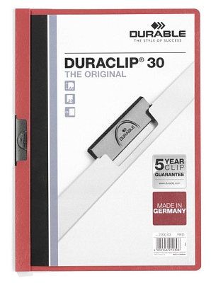 Папка пластиковая "Durable", 30л, А4, стальной клип, серия "Duraclip", красная