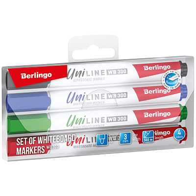 Набор маркеров для доски "Berlingo Uniline WB300", 3мм, круглый наконечник, спиртовая основа, 4 цвета, 4шт в упаковке