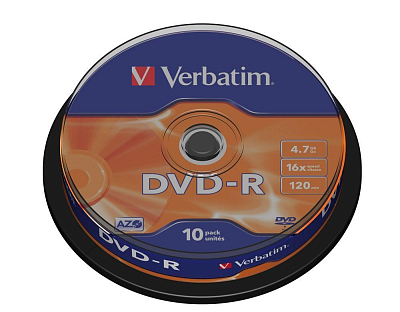 Диски DVD-R, 4.7 GB Verbatim, 10 шт в тубе (серебристо-матовая  поверхность)