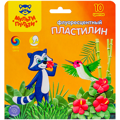 Пластилин восковой флуоресцентный "Мульти-Пульти", 10 цветов, 150гр, со стеком, серия "Енот на острове Куба"