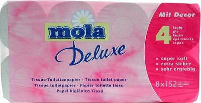 Туалетная бумага "Mola Delux", 4 слоя, белая, упакованы по 8 рулонов