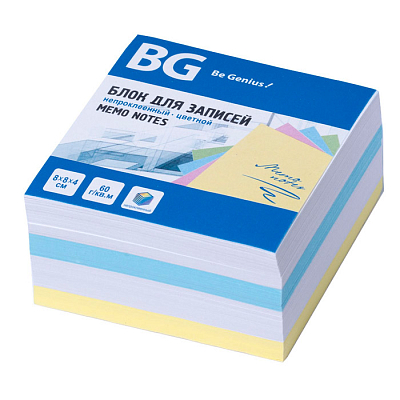 Блок бумаги для заметок "BG", 8х8х4см, цветной, непроклеенный, в плёнке