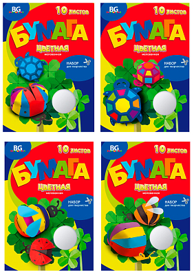Набор цветной бумаги "BG", 10л, А4, мелованная, в папке, серия "Бумажные букашки"